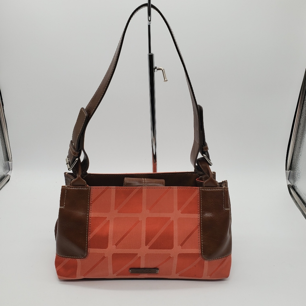 ☆ Nine & Co. Geometric Print Shoulder Bag Leather Trim Orange and Brown